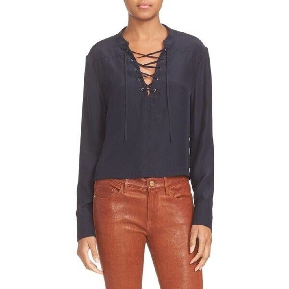 FRAME Shirt Silk Top Blouse Navy Blue Lace Up Neck Long Sleeve Satin Siz…